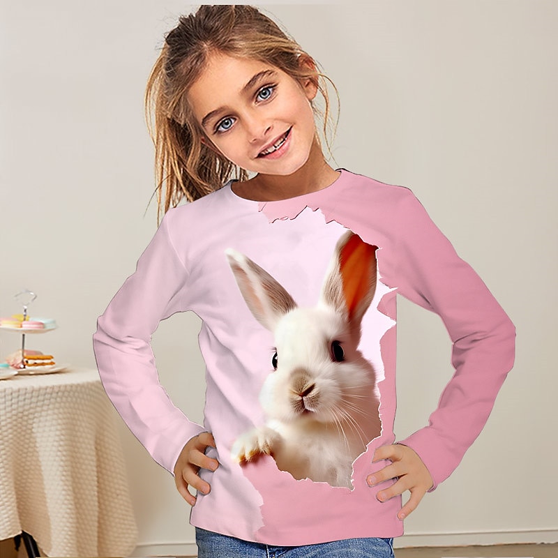 Girls' 3D Cartoon Rabbit Bunny T shirt Tee Long Sleeve 3D Print Summer Fall Active Fashion Cute Polyester Kids 3-12 Years Outdoor Casual Daily Regular Fit2