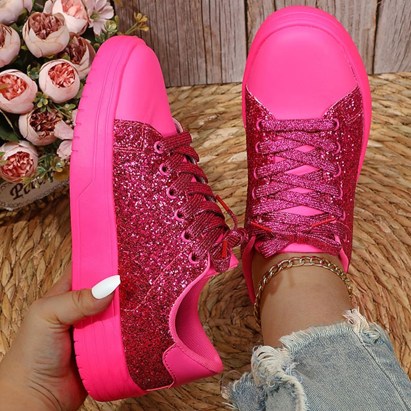 Women's Sneakers Flats Pink Shoes Plus Size Fantasy Shoes Party Daily Solid Color Lace-up Flat Heel Round Toe Fashion Casual PU Black Rose Red4