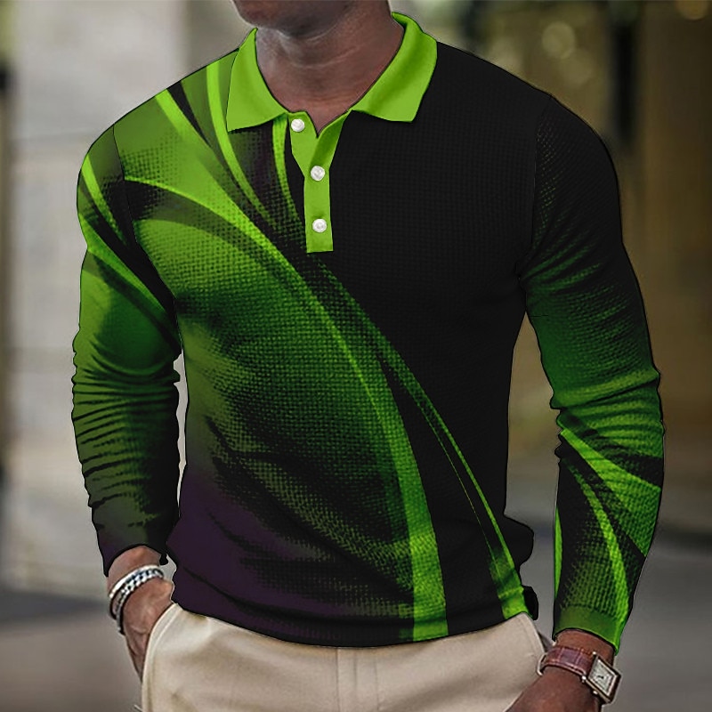 Men's Geometric Waffle Polo Shirts Golf Shirt Long Sleeve Polo Shirts Collared Shirts Business Casual Vacation Wear Formal Wear Festival Wear Buttons 3D Print Yellow Light Green Blue4