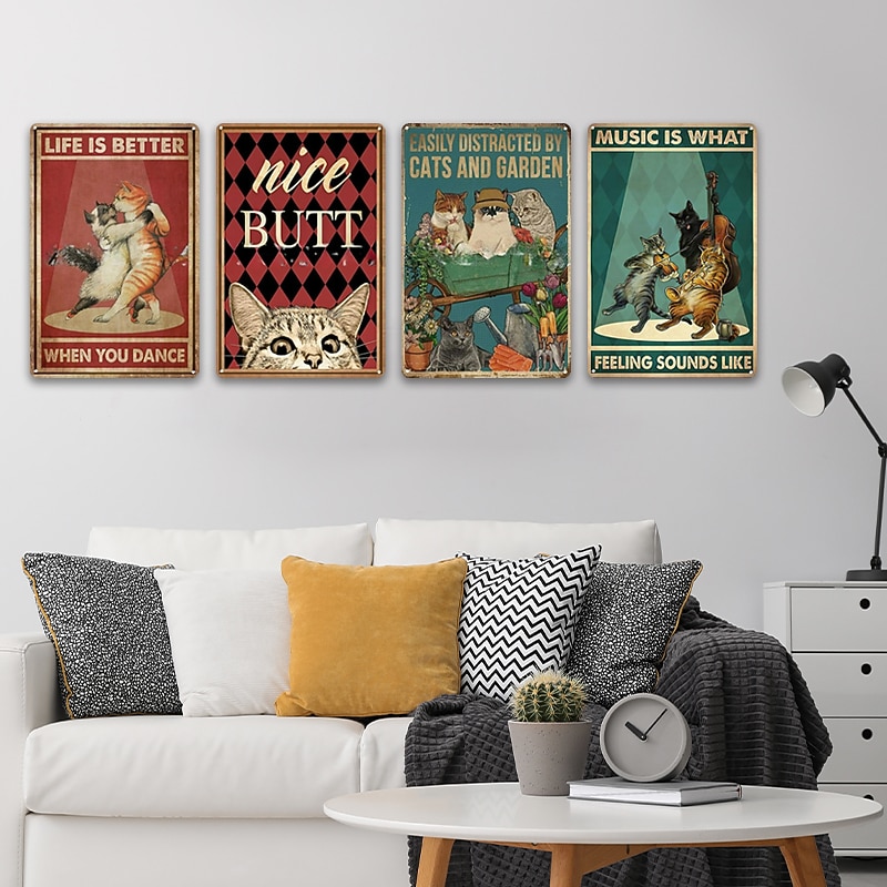 1pc Retro Metal Tin Sign Cute Cat Tin Sign Vintage Kitchen Signs Wall Decor, Painting Wall Hanging for Home Decor Wall Art Metal Tin Sign 20x30cm/8''x12''4