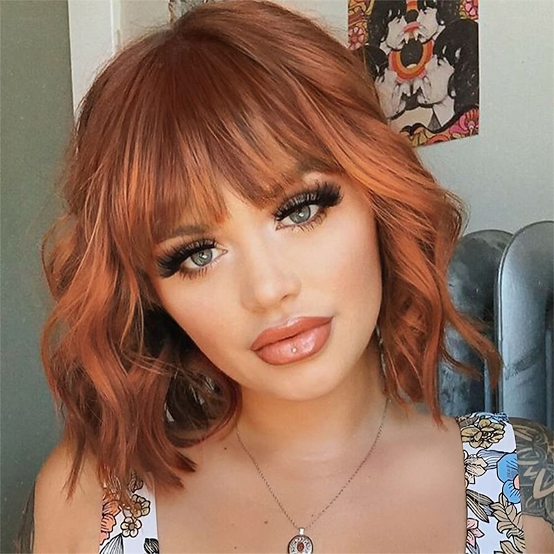 Auburn Wigs with Bangs Ginger Wig Orange Red Wig Shoulder Length Wavy Wig Middle Part Hair Wig for Women