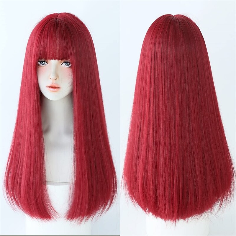 Red Wigs with Bangs Burgundy red Synthetic Long Straight Wig for Women Party and Cosplay Bright Red Wig3