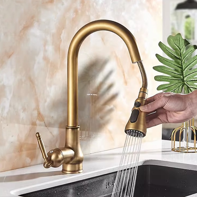 Kitchen Faucet Pull Out Sink Mixer Taps, 360 Degree 2 Mode Sprayer, Vintage Brass Vessel Tap with Cold and Hot Hose3