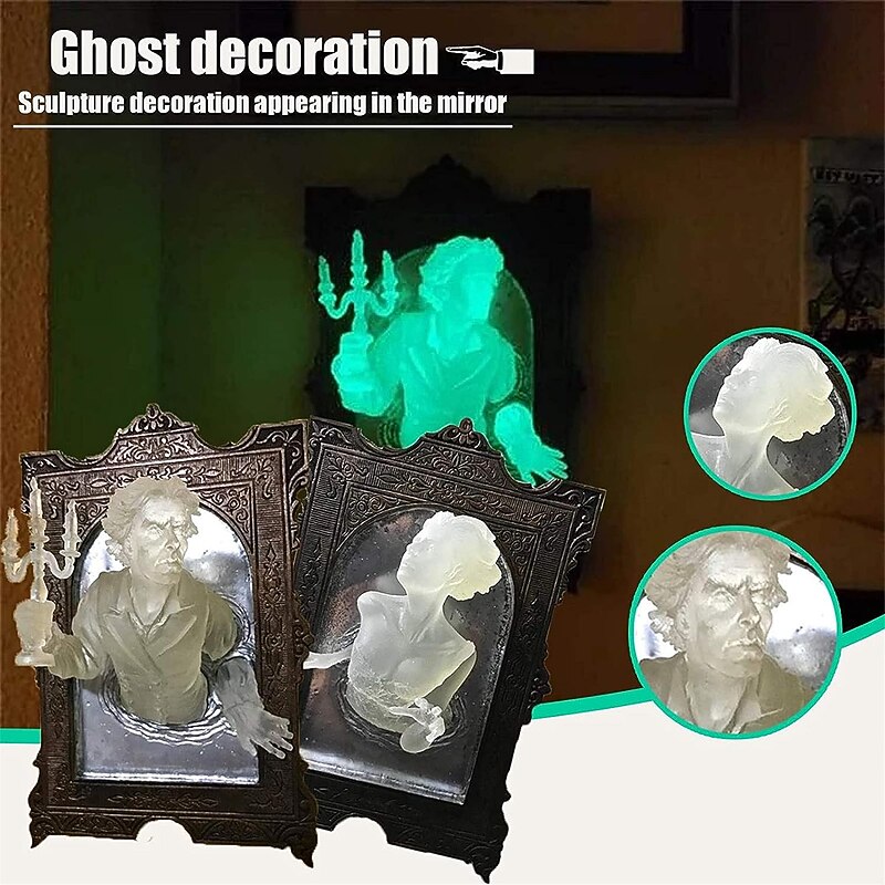 Halloween Ghost in The Mirror, Glow in The Dark 3D Resin Ghost Frame, Creative Fluorescent Mirror Sculpture for Bedroom and Corridor Decor
