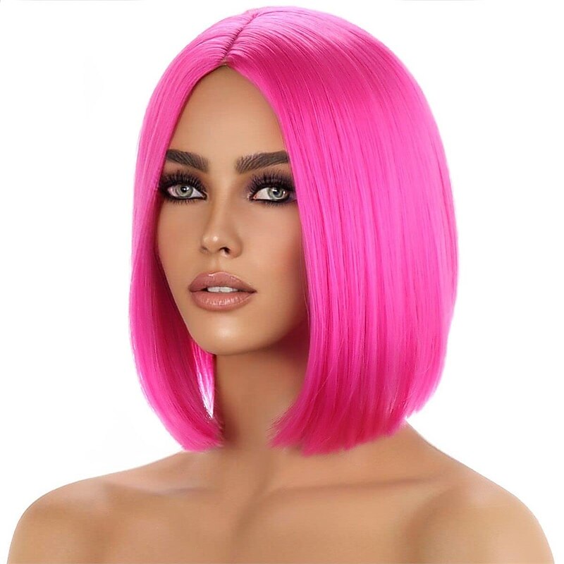 Hot Pink Bob Wig for Women Short Straight Synthetic Heat Resistant Cosplay Costume Party Wigs Middle Part Magenta Hair3