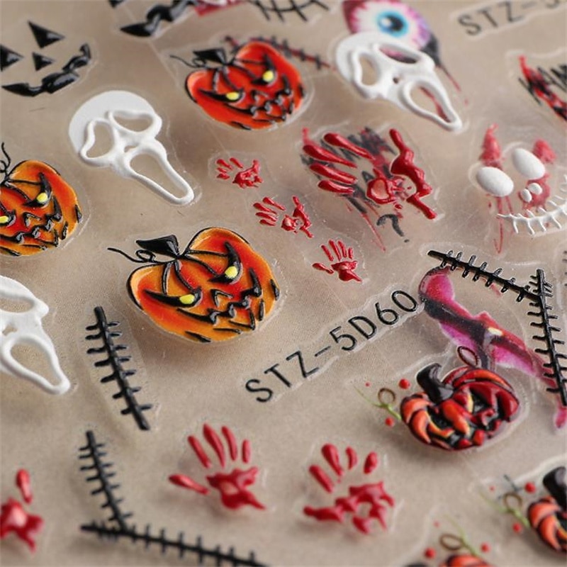 Halloween Decorative Nail Sticker Skull Head Spider Bone Pumpkin Embossed Nail Sticker Halloween Skeleton Decoration2