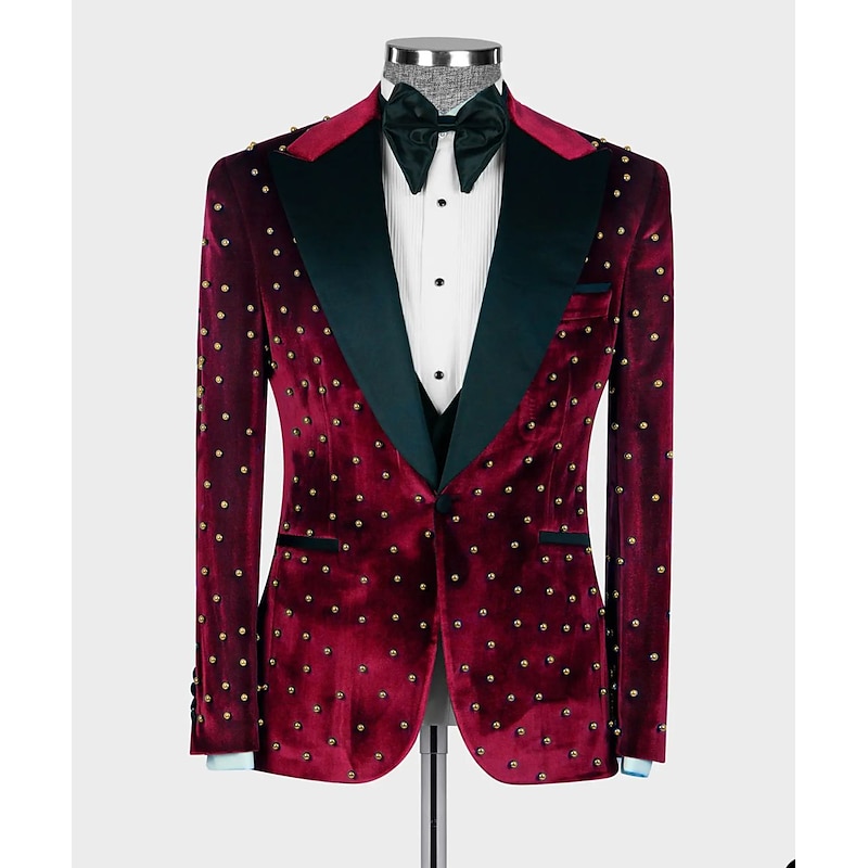 Men's Blazer Jacket Tuxedo Closure collar Casual Velvet Pattern Black Burgundy Blue Tailored Fit Single Breasted One-button