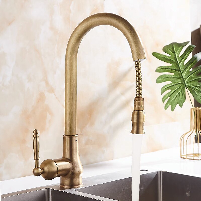 Kitchen Faucet Pull Out Sink Mixer Taps, 360 Degree 2 Mode Sprayer, Vintage Brass Vessel Tap with Cold and Hot Hose2