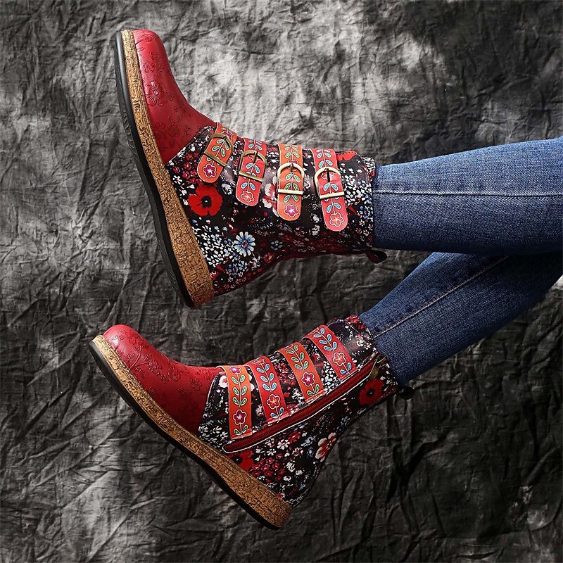 Women's Vintage Floral Embroidered Ankle Boots – Colorful Bohemian Faux Leather Boots with Buckle Straps & Side Zipper, Retro Casual Footwear for Fall & Winter3
