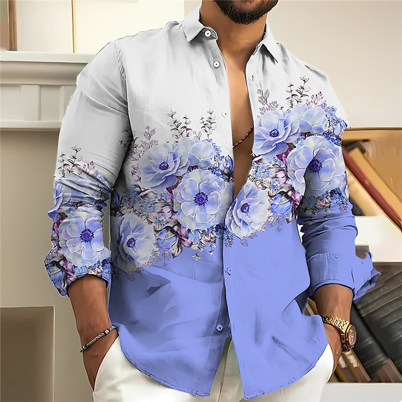 Men's Floral Shirt Button Up Shirt Long Sleeve Fashion Streetwear Designer Outdoor Casual Daily Summer Spring Fall Stand Collar Print Yellow Pink Blue Purple Gray4