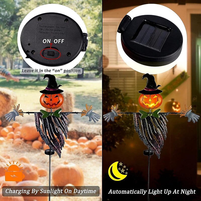 Solar 41Inch Solar Halloween Decorations Yard Stake Solar Powered Outdoor Lighted Metal Pumpkin Scarecrow Stake Light Up Pumpkin Lantern Yard Sign for Autumn Haunted House Figurine Party Decor3