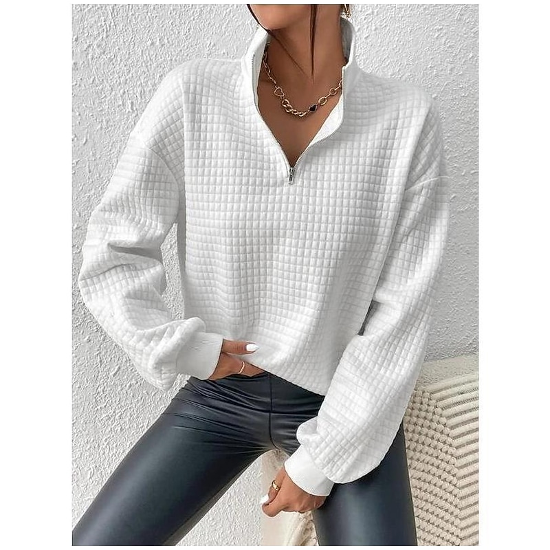 Women's Zip Up Sweatshirt Sweatshirt Pullover Sports Basic Textured Solid Color Street Casual V Neck Half Zip Quarter Zip Long Sleeve White Fall & Winter