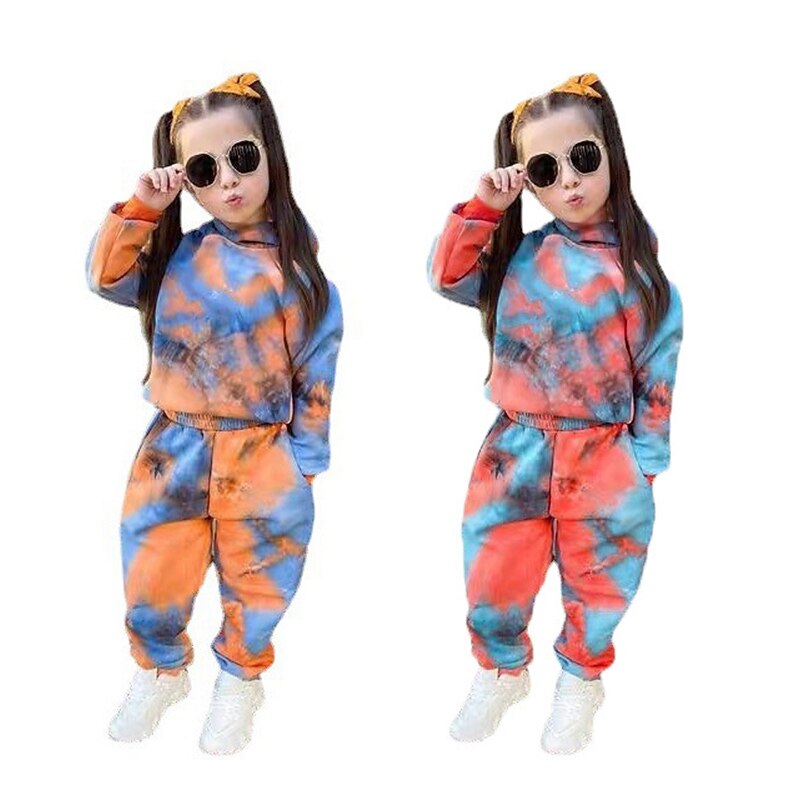 2 Pieces Kids Girls' Tie Dye Pocket Hoodie & Sweatpants Set Set Long Sleeve Active Training 3-7 Years Fall Red Orange2