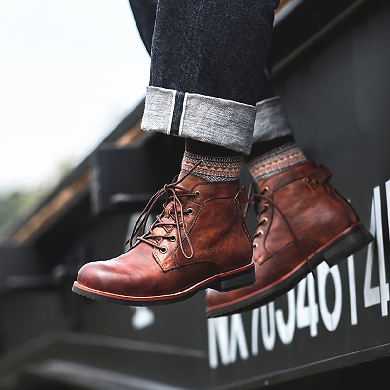 Men's Brown Faux Leather Lace-Up Ankle Boots, Vintage Style Casual Boots for Everyday Wear3