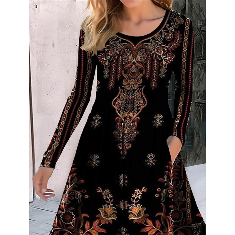 Women's Midi Dress A Line Dress Casual Dress Winter Dress Swing Dress Fashion Streetwear Mature Formal Outdoor Vacation Regular Fit Floral Long Sleeve Crew Neck Black Summer Spring Fall3