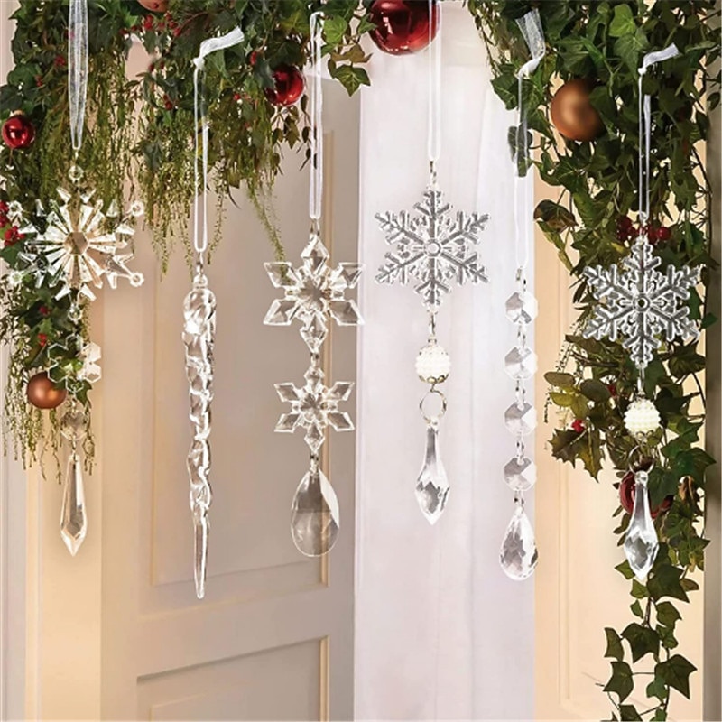 10pcs Crystal Christmas Ornaments for Tree Decorations-Hanging Acrylic Snowflake Icicle Ornaments with Drop Pendants for Winter Wonderland Chandelier Crystals Decorations Supplies3