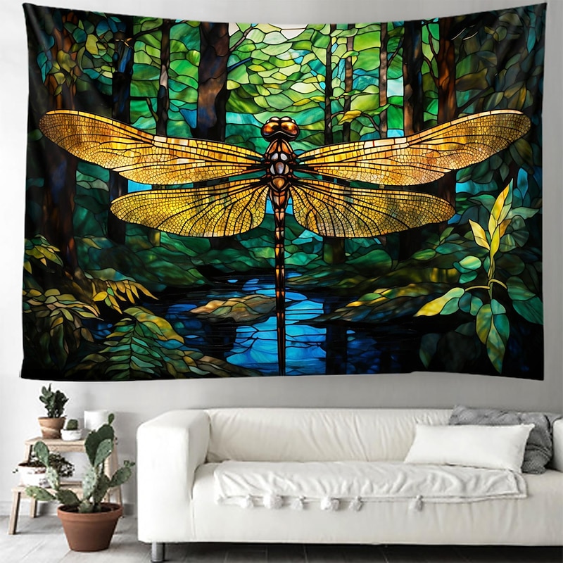 Stained Glass Dragonfly Hanging Tapestry Wall Art Large Tapestry Mural Decor Photograph Backdrop Blanket Curtain Home Bedroom Living Room Decoration3