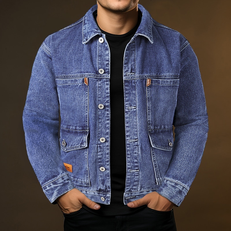 Men's Trucker Jacket Denim Jacket Outdoor Daily Wear Windproof Pocket Spring &  Fall Plain Fashion Streetwear Lapel Regular Denim Black Blue Gray Jacket