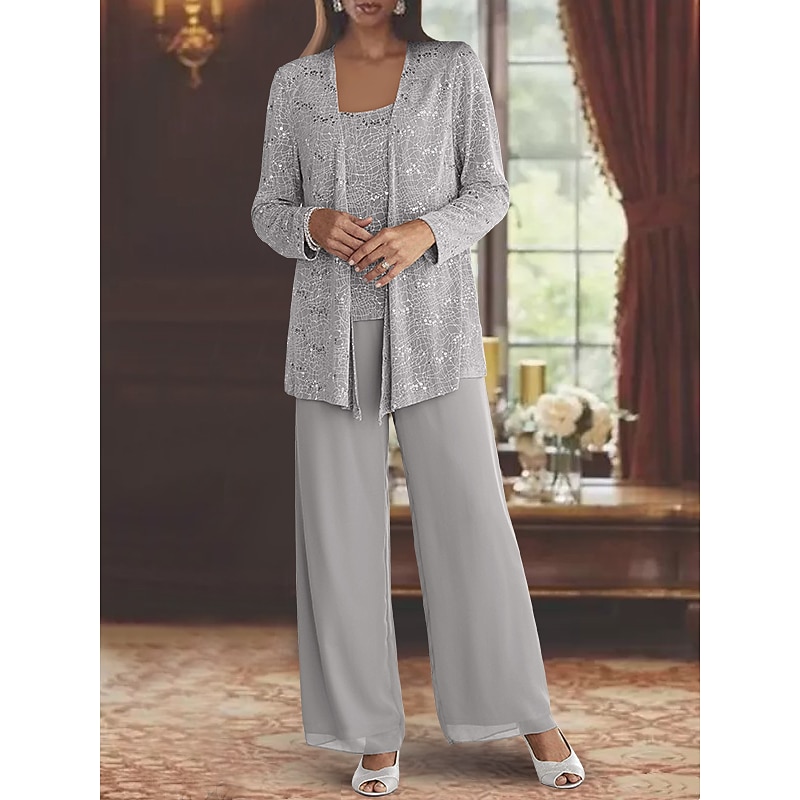 Pantsuit 3 Piece Beach Wedding Mother of the Bride  Wedding Guest Elegant Scoop Neck Floor Length Chiffon Lace Sleeveless Wrap Included with Sequin