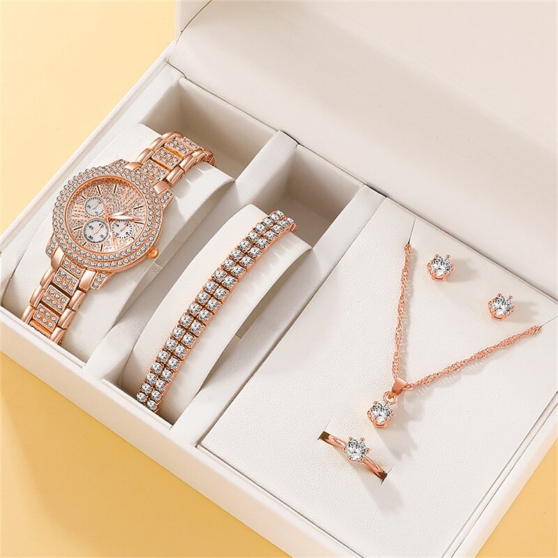 6PCS Set Luxury Watch Women Ring Necklace Earrings Rhinestone Fashion Wristwatch Female Casual Ladies Watches Bracelet Set