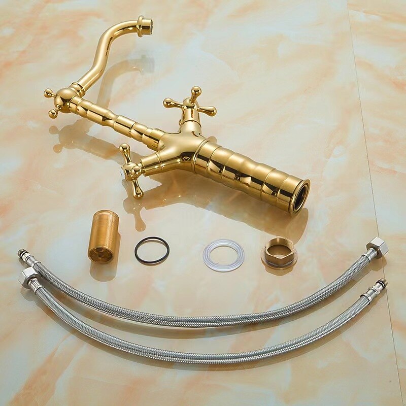 Bathroom Sink Mixer Faucet Short Tall Vessel Basin Taps, Vintage Brass Twin Handle Tap with Cold and Hot Hose4