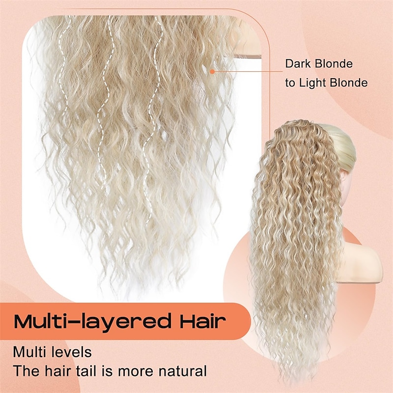 Highlight Drawstring Ponytail Extension PT005 Isabella 26 Long Bohemian Curly Pony Tail Multi Layered Light Soft Clip in Hair Extensions Ponytail Medium Blonde White Blonde Highlights2