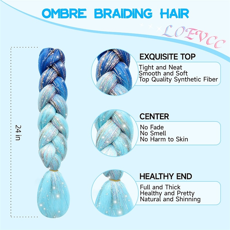 2Pcs Hair Extensions for Braids Ombre Braiding Hair Add Tinsel Hair Extension Sparkly Braiding Hair 24 Inch Braiding Hair Pre Stretched Ombre 100g Heat Resistant Colorful Synthetic Braiding 3 Tone f3