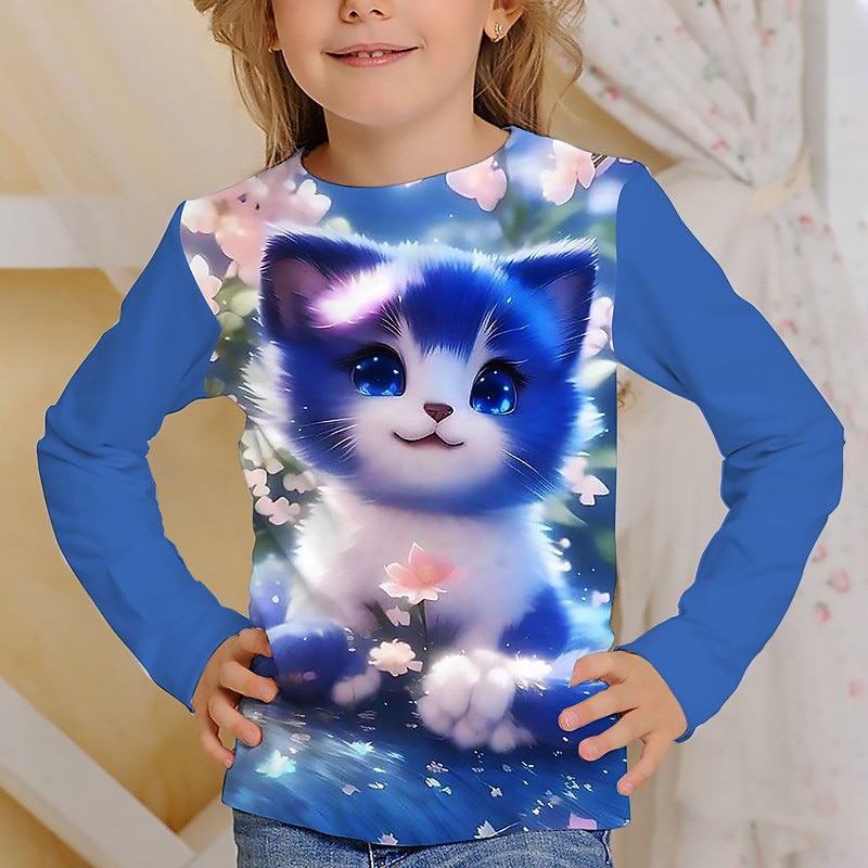 Girls' 3D Floral Cartoon Cat T shirt Tee Long Sleeve 3D Print Summer Fall Active Fashion Cute Kids 3-12 Years Outdoor Casual Daily Regular Fit4