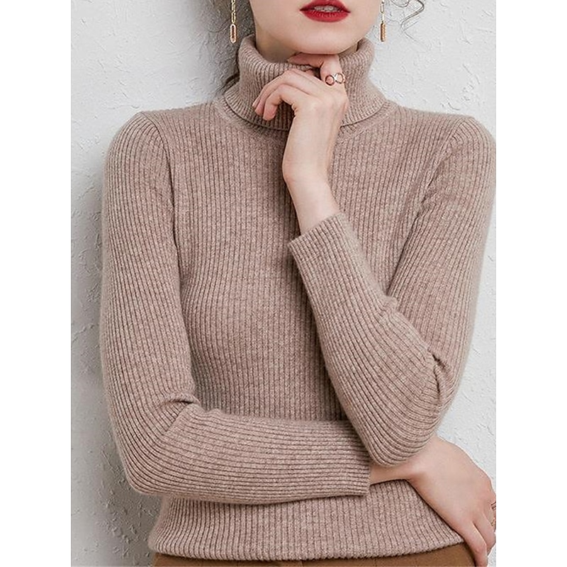 Women's Pullover Sweater Jumper Stylish Casual Soft Solid Color Ribbed Turtleneck Oversized Long Sleeve Knit Daily Holiday Going out Rust Red Pink purple Fall Winter