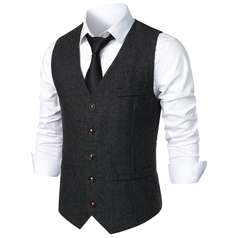 Men's Vest Gilet Daily Wear Vacation Going out Vintage Fashion Spring &  Fall Button Polyester Comfortable Plain Single Breasted V Neck Regular Fit Dark Gray Light Grey Coffee Vest4