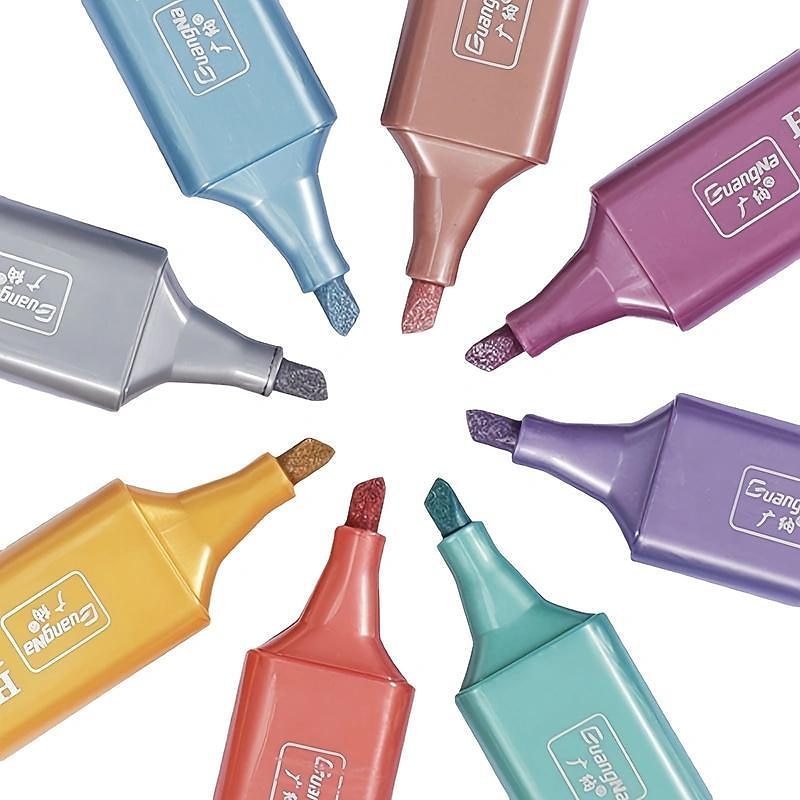 8 Colors Metallic Highlighter Set Oblique Tip Water-Based Shiny Glitter Color Marker Highlight Pen School Office Supplies4