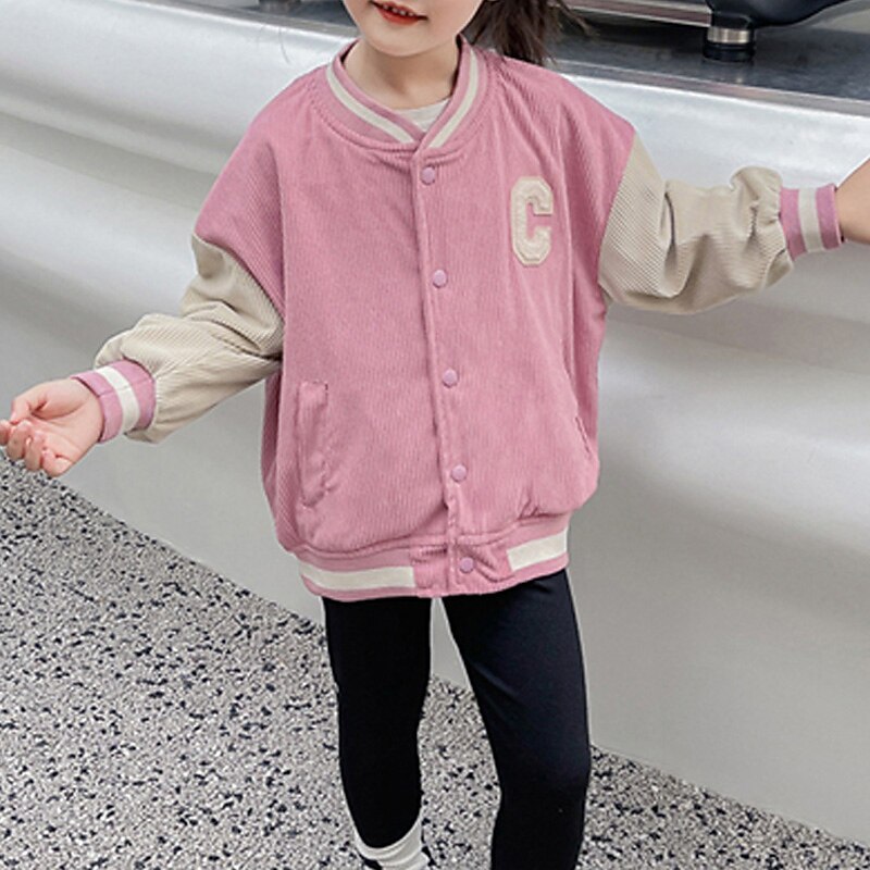 Kids Girls' Baseball Jacket Color Block Active Buttons School Cotton Coat Outerwear 2-8 Years Spring Black Light Green Pink4