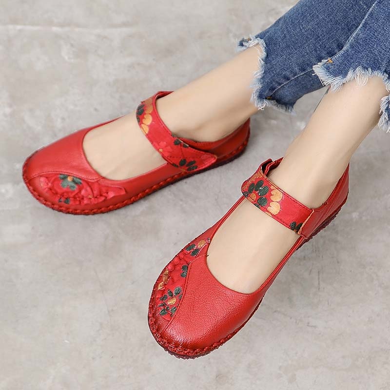 Women's Red Leather Barefoot Mary Jane Flats – Embroidered Floral Casual Comfort Shoes with Hook & Loop Straps3