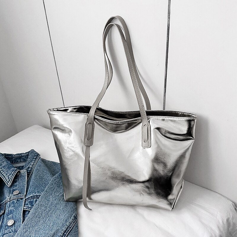 Women's Metallic Silver Tote Bag with Spacious Design and Durable Handles - Perfect for Everyday Use and Travel2