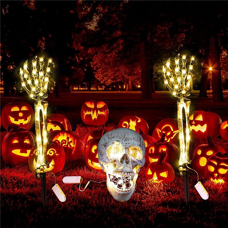 3 Pack Realistic Looking Skeleton Stakes Graveyard Yard Lawn Stakes Halloween Skeleton Light up Halloween Decorations Skeleton Hands Head Yard Stake with  Light Strings for Garden Warm White / Purple2