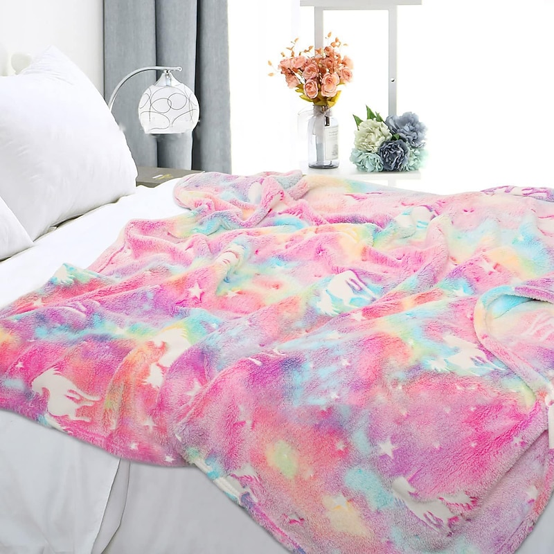 Luminous Unicorn Blanket Kids Birthday Soft Flannel Plush Rainbow Horse Throw, Unicorn Room2