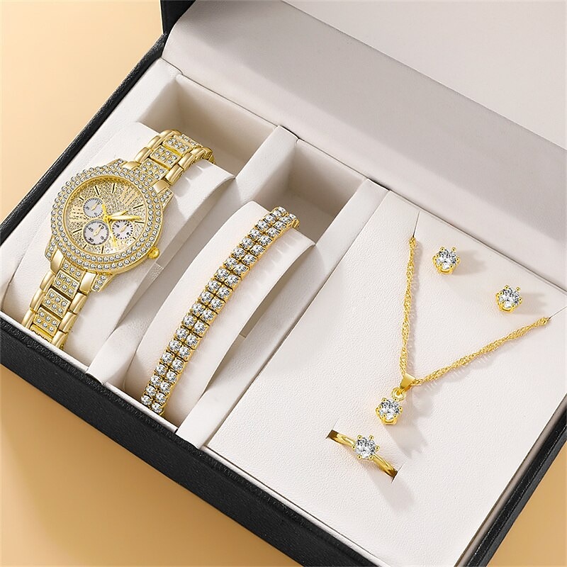 6PCS Set Luxury Watch Women Ring Necklace Earrings Rhinestone Fashion Wristwatch Female Casual Ladies Watches Bracelet Set2