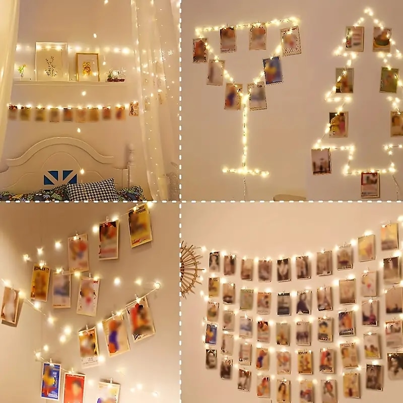 Elegant Wedding Party Reception Photo Clip String Lights with Transparent Clips, Battery Powered Warm White LED Fairy Lights for Indoor Room Decor