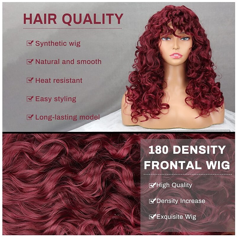 Long Red Curly Afro Wigs for Black Women Fluffy Wavy Wine Wig with Bangs Afro Kinky Curly Big Bouncy Wig for Daily Use4