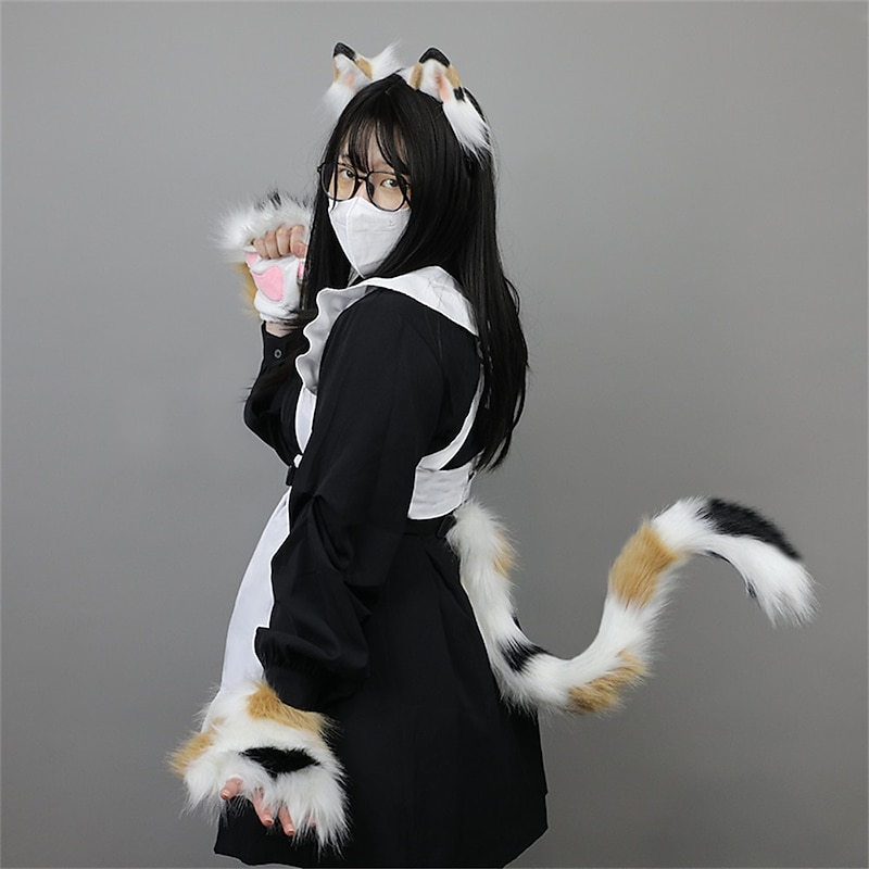 Simulated Beast Ears and Tail Cosplay Show Props Hair Accessories Beast Claw Cat Tail Cat Claw Cute Plush Cat Set2