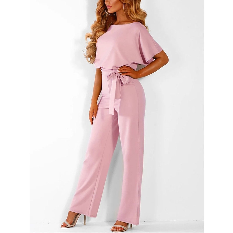 Women's Jumpsuit Elegant Belted Waist Red Wide-Leg Round Neck Short Sleeve Solid Color Party Work Casual Spring Summer Clothing Apparel
