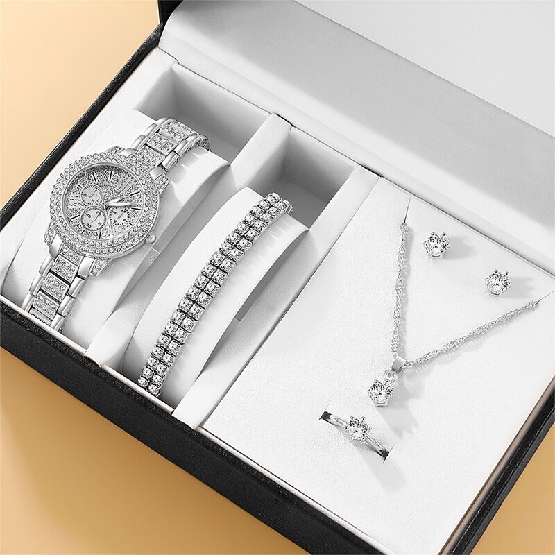 6PCS Set Luxury Watch Women Ring Necklace Earrings Rhinestone Fashion Wristwatch Female Casual Ladies Watches Bracelet Set3