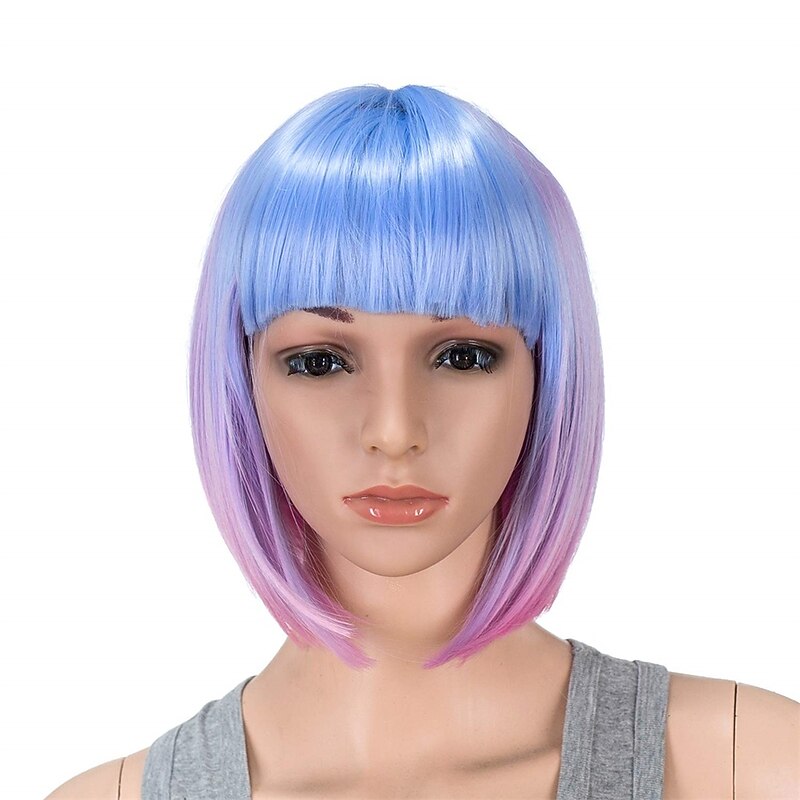 10 Inch Blue Pink Ombre Multi-Colored Short Straight Bob Wig with Bangs Synthetic Colorful Cosplay Daily Party Flapper Wig for Women and Kids with Wig Cap Halloween Wigs