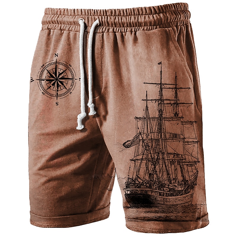 Men's Compass Sailboat Sweat Shorts Beach Shorts Terry Shorts Mid Waist Casual Athleisure Daily Holiday Streetwear Drawstring Elastic Waist 3D Print Designer Clothing Apparel3