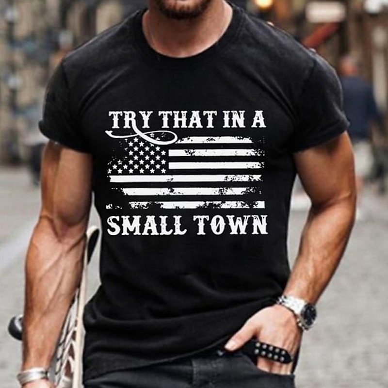Men's American Flag 'Try That In A Small Town' Short Sleeve Graphic T-Shirt - Black Lifestyle Tee