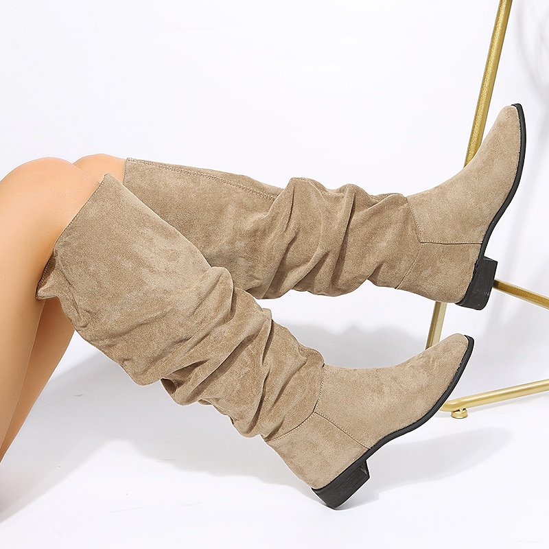 Women's Tan Slouchy Knee-High Boots with Low Heel - Casual Suede Western Style for Everyday Wear4