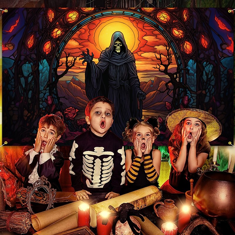 Halloween Death Hanging Tapestry Stained Glass Wall Art Large Tapestry Mural Decor Photograph Backdrop Blanket Curtain Home Bedroom Living Room Decoration Decorations 9