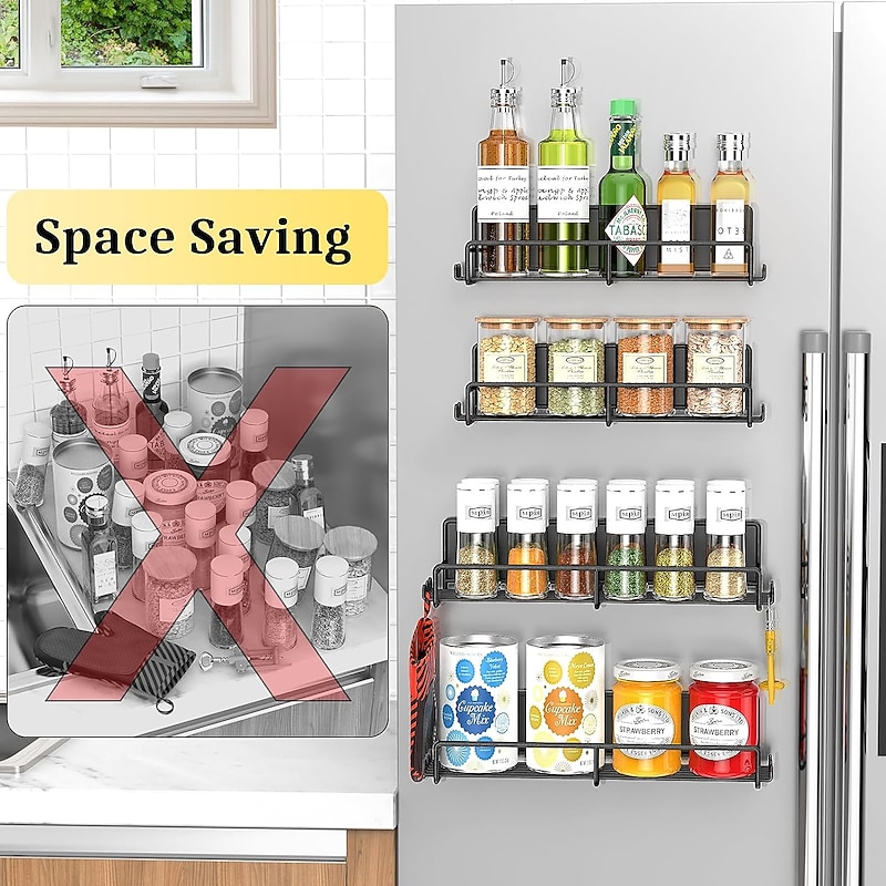 1 Pack Magnetic Spice Rack Organizer, Magnetic Spice Rack for Refrigerator, Magnetic Shelf for Holding Spices, Jars, Bottle, Metal&Black3