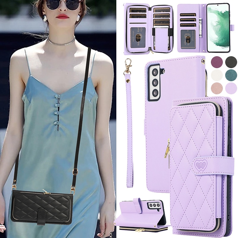 Phone Case For Samsung Galaxy S25 S24 S23 S22 S21 FE S21 Ultra Plus A54 A53 S20 A32 Handbag Purse Wallet Case Zipper with Removable Cross Body Strap with Wrist Strap Retro Geometric Pattern TPU PU