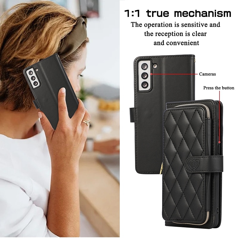 Phone Case For Samsung Galaxy S25 S24 S23 S22 S21 FE S21 Ultra Plus A54 A53 S20 A32 Handbag Purse Wallet Case Zipper with Removable Cross Body Strap with Wrist Strap Retro Geometric Pattern TPU PU3